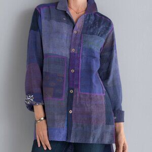 Mieko Mintz Patchwork Boho Cotton Casual Reversible Pieced Shirt Jacket | Large